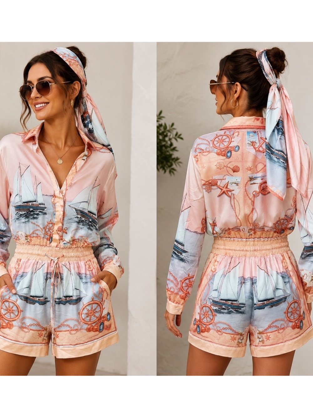 Halfheart Nautical Satin Shirt Romper w/ Matching Scarf Blush Pink Medium
